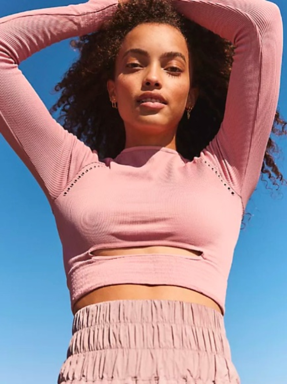 Free People Dusty Pink Ribbed Long-Sleeve Cropped Top with Front Cutout